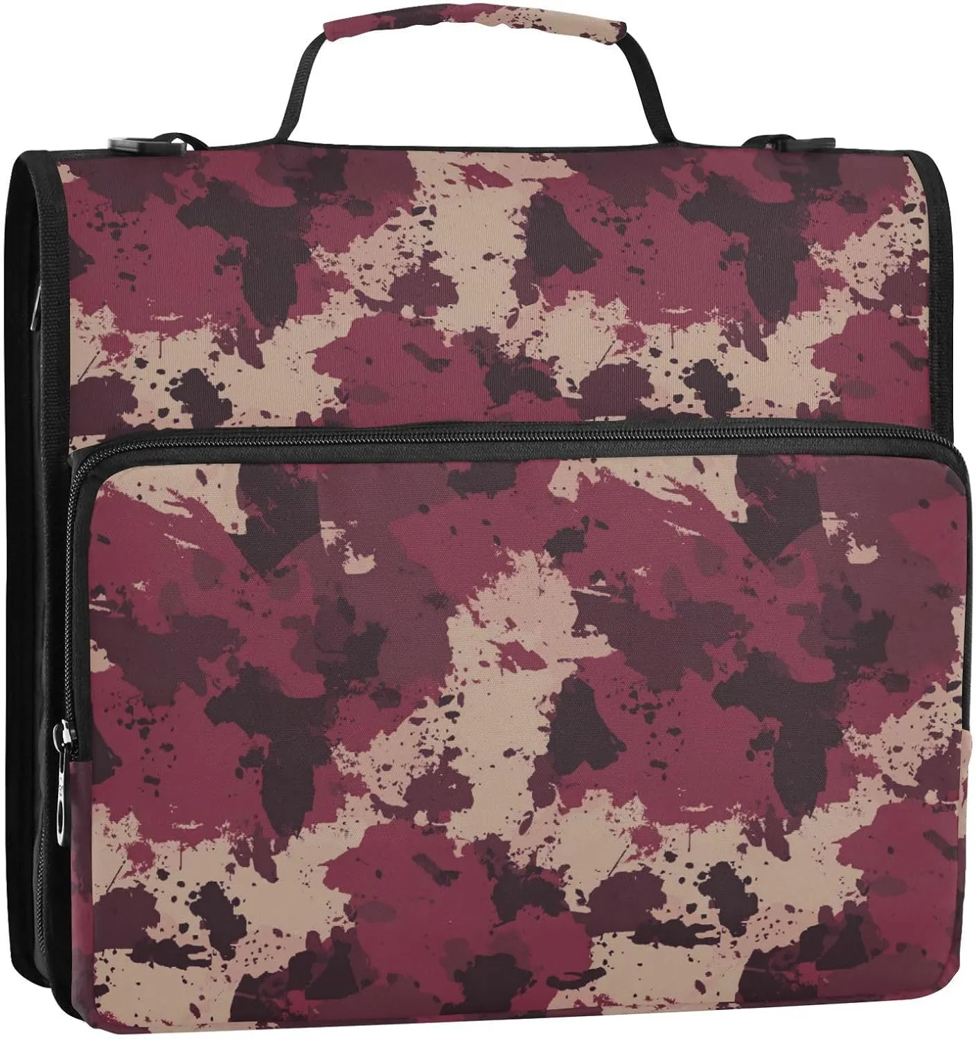 3 Rings Zippered Binder Bag with Handle and Removable Shoulder Strap Easy to Carry Document Organizer Bag for School/Office Camouflage Burgundy
