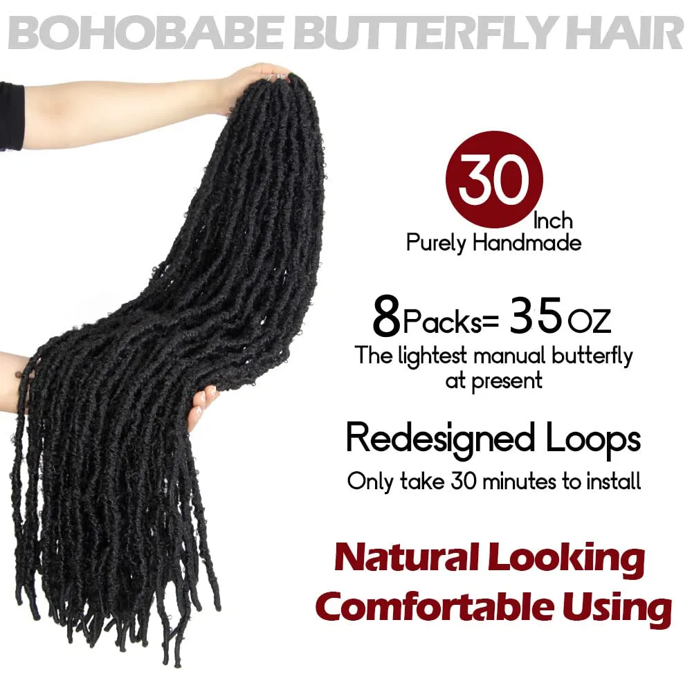 30 Inch Light Weight Butterfly Locs Crochet Hair 8 Packs Long Black Distressed Butterfly Faux Locs Crochet Hair, 2#