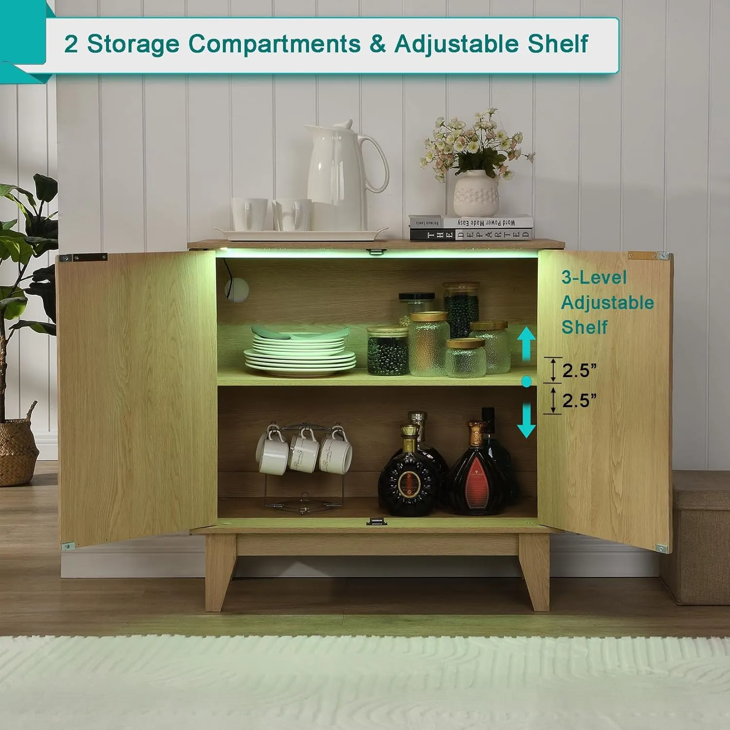 31.5” Fluted Sideboard Buffet Storage Cabinet with LED Lights, Modern Accent Cabinet Natural, 2 Doors Kitchen Credenza for Living Room with Adjustable Shelf