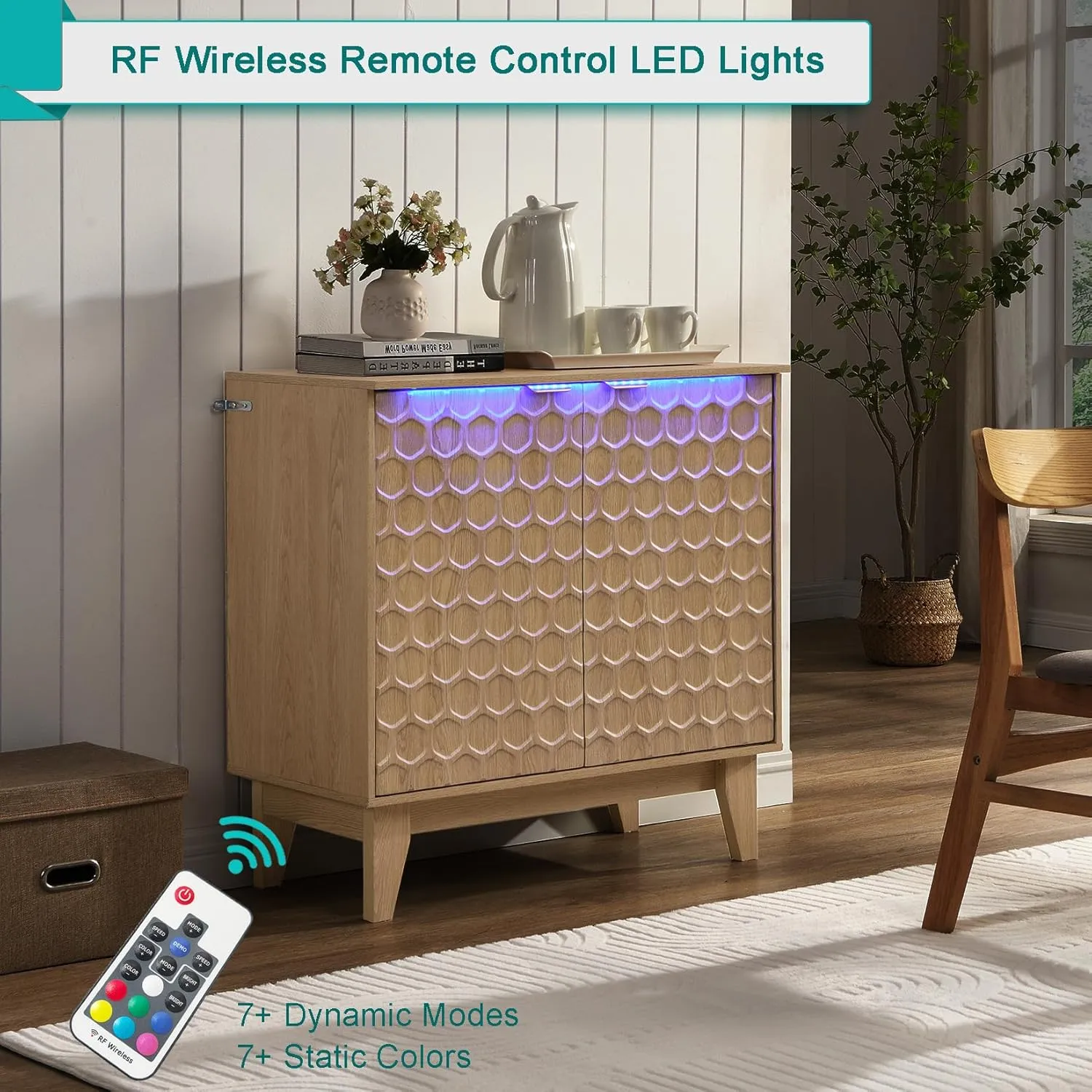 31.5” Fluted Sideboard Buffet Storage Cabinet with LED Lights, Modern Accent Cabinet Natural, 2 Doors Kitchen Credenza for Living Room with Adjustable Shelf