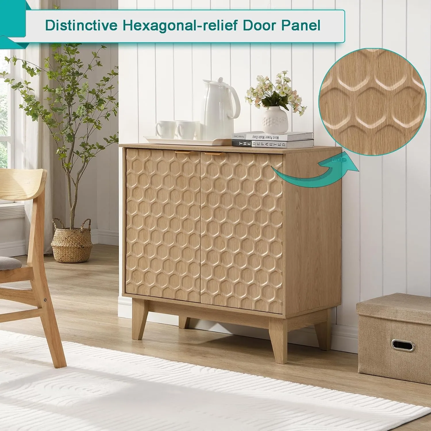 31.5” Fluted Sideboard Buffet Storage Cabinet with LED Lights, Modern Accent Cabinet Natural, 2 Doors Kitchen Credenza for Living Room with Adjustable Shelf