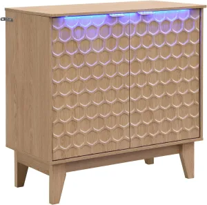 31.5” Fluted Sideboard Buffet Storage Cabinet with LED Lights, Modern Accent Cabinet Natural, 2 Doors Kitchen Credenza for Living Room with Adjustable Shelf