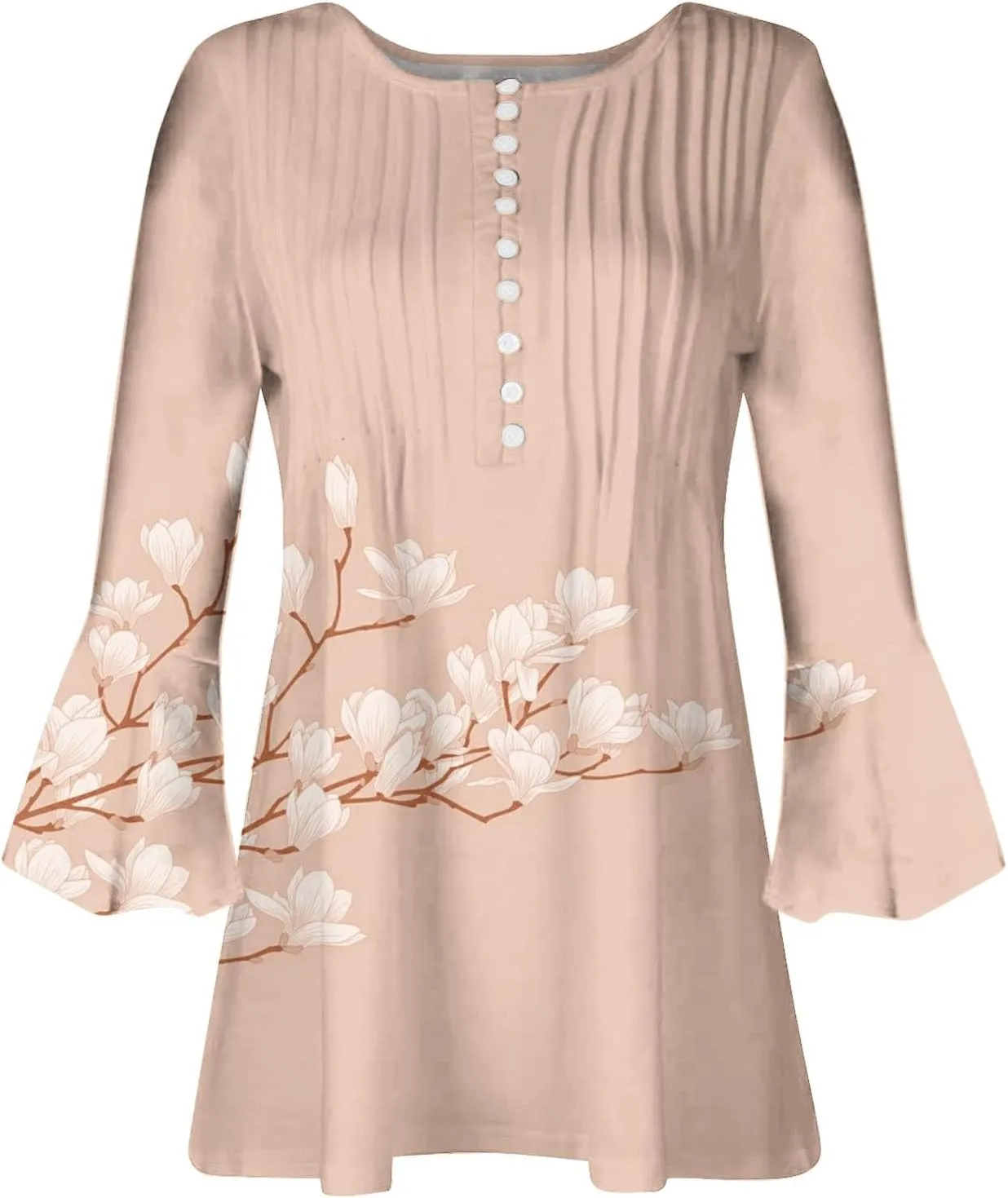 3/4 Length Sleeve Womens Top Fashion Vintage Floral Print Bohemian Shirt Causal Dressy Boho Button Up Blouse Pullover