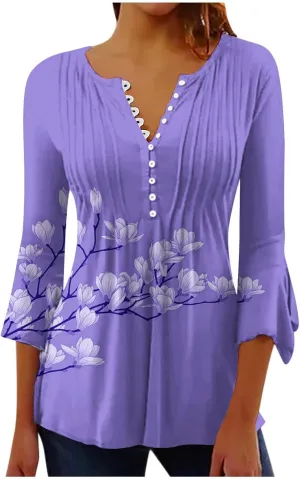 3/4 Length Sleeve Womens Top Fashion Vintage Floral Print Bohemian Shirt Causal Dressy Boho Button Up Blouse Pullover