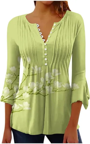 3/4 Length Sleeve Womens Top Fashion Vintage Floral Print Bohemian Shirt Causal Dressy Boho Button Up Blouse Pullover