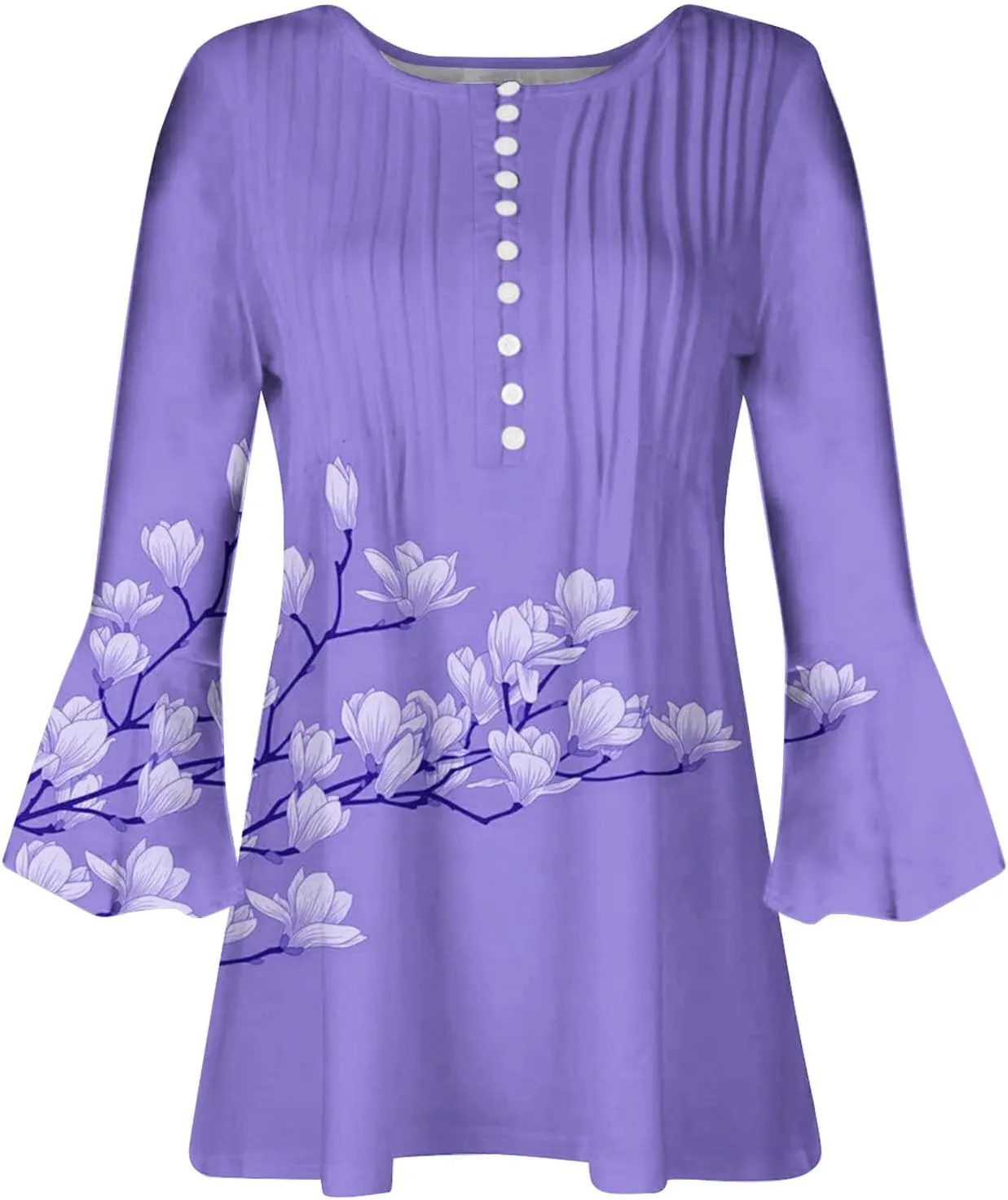 3/4 Length Sleeve Womens Top Fashion Vintage Floral Print Bohemian Shirt Causal Dressy Boho Button Up Blouse Pullover