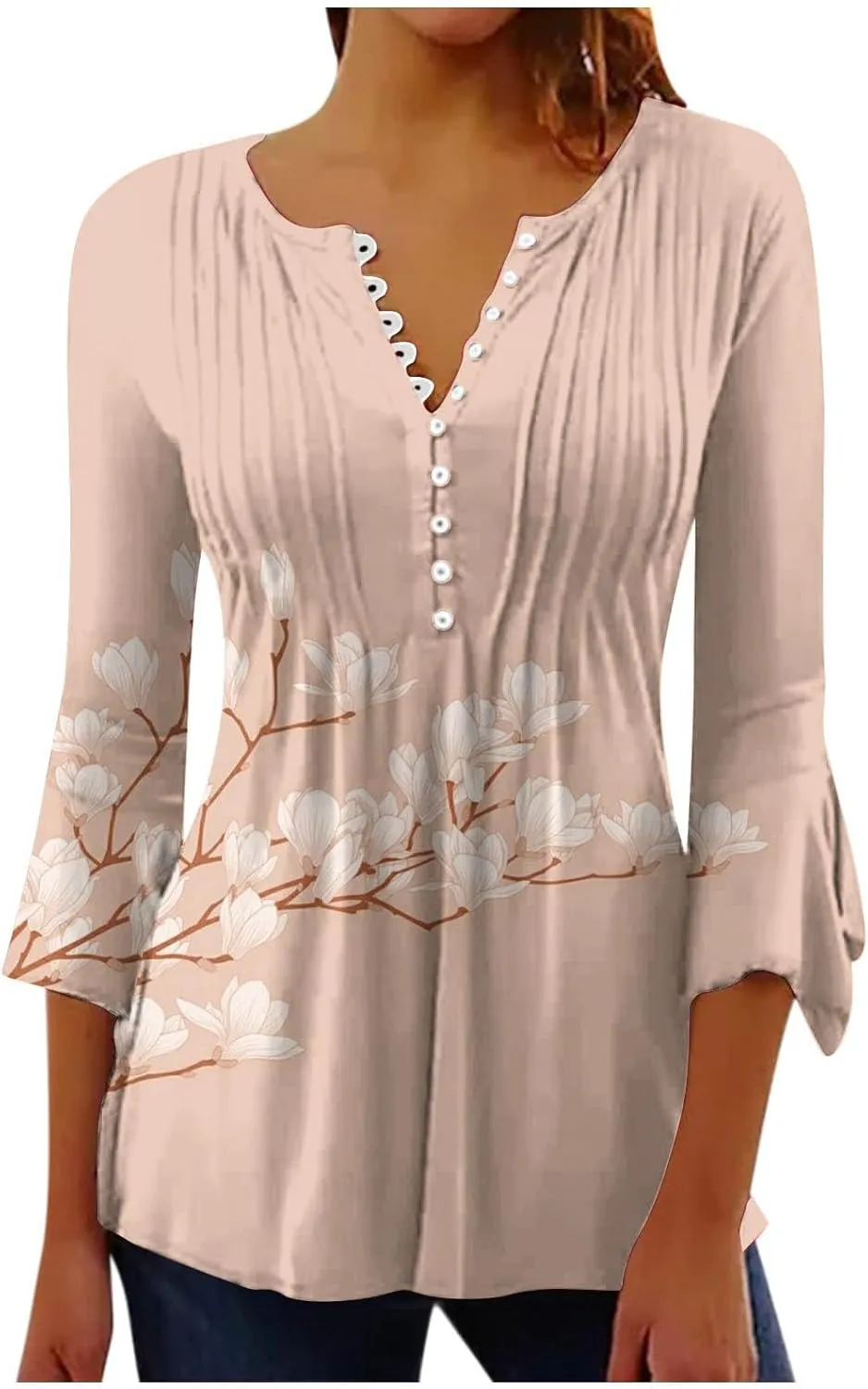 3/4 Length Sleeve Womens Top Fashion Vintage Floral Print Bohemian Shirt Causal Dressy Boho Button Up Blouse Pullover