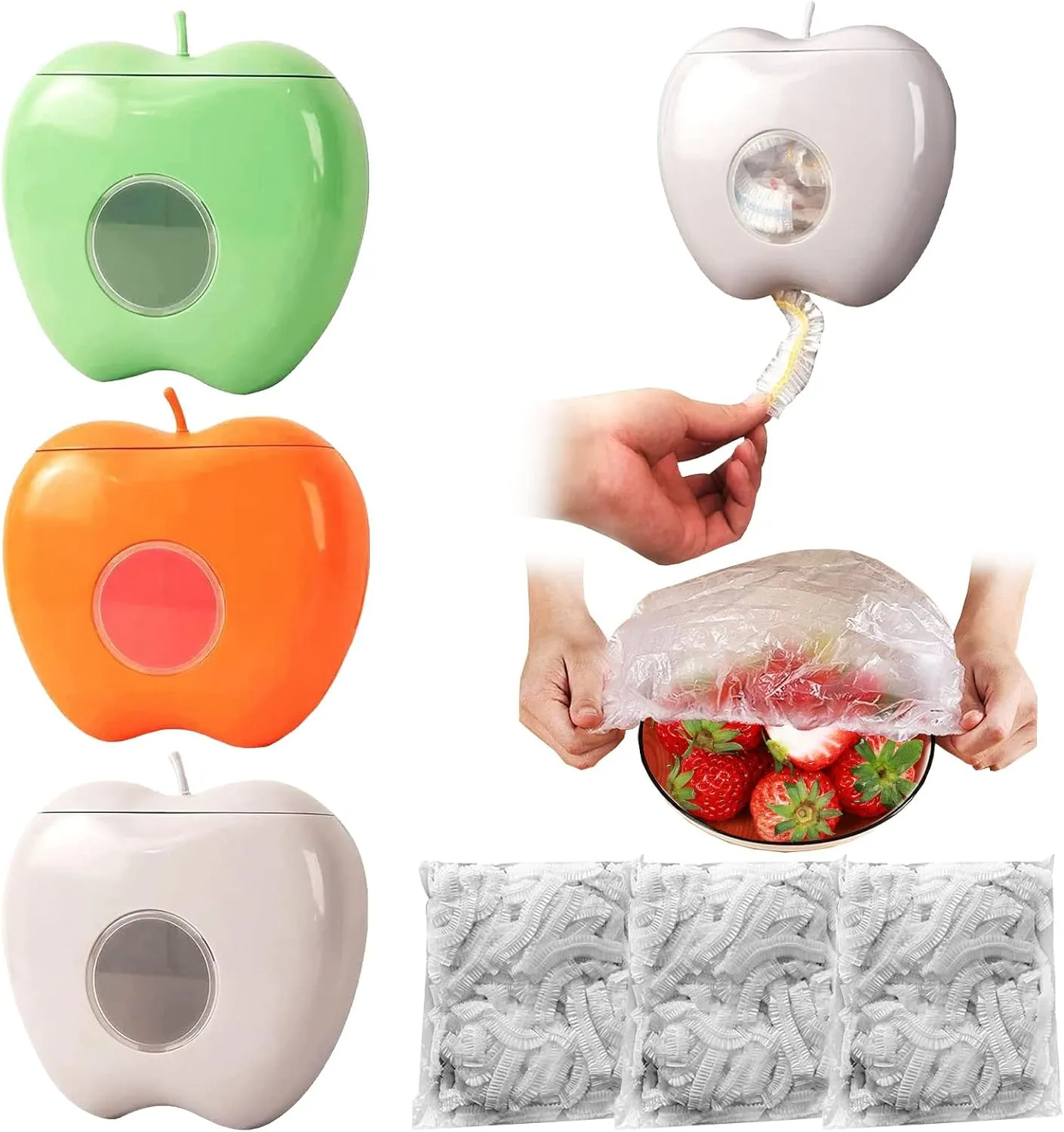 3Pcs Plastic Wrap Storage Boxes, Multi-functional Wall-Mounted Food Film Dispenser Fresh Keeping Bag Storage Box with 300Pcs Plastic Wraps Cling Film Storage Box and Cling Film Set