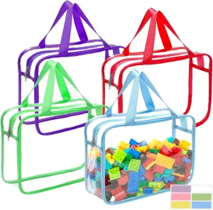 4 Packs 4 Colors Large Toy Storage Bags with Zipper and Labels, Clear PVC Waterproof Toy Organizers Bags for Board Games, Puzzles Pieces, Building Blocks, Handmade Accessories