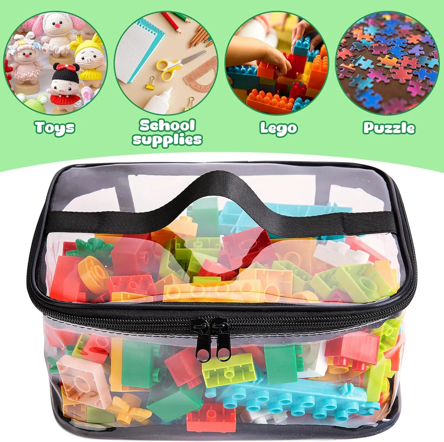 4 Packs Clear Toy Storage Bags- 9.4 x 6.7 x 4.3 Inch Transparent PVC Toy Organizing Bags with Zipper- Waterproof Toy Storage Organizer Pouch for Building Blocks, Small Toys (Black)