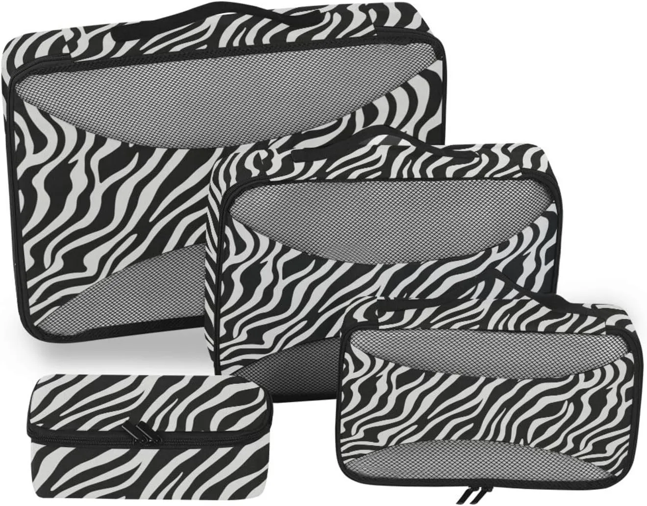4 Pcs set organizer for luggage Mesh Travel Essentials Black White Strips portable cubes for diaper bag