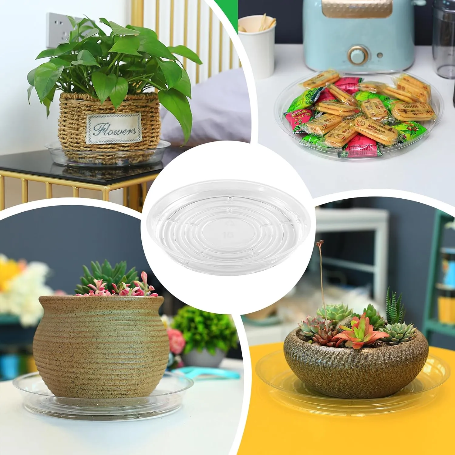 40 Pack 10 Inch Plant Saucer Clear Plant Saucers for Outdoors Plants Drip Trays, Large Pot Saucer No Holes Pot Saucers Planter Trays for Outdoor Plants Bulk Plastic Tray for Flower Pots, Snack Storage