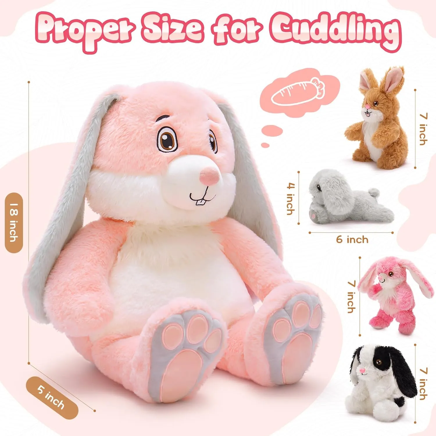 5Pcs Bunny Stuffed Animal, 18 Inches Mother Rabbit Plush with 4 Baby Bunny Stuffed Toys in Zippered Back, Easter Christmas Baby Shower Birthdy Gift for Boys Girls Kids, Party Decor