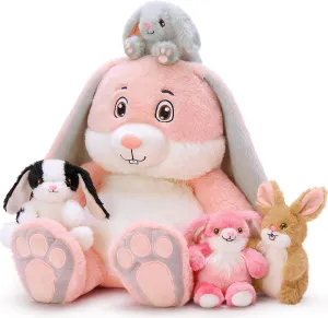 5Pcs Bunny Stuffed Animal, 18 Inches Mother Rabbit Plush with 4 Baby Bunny Stuffed Toys in Zippered Back, Easter Christmas Baby Shower Birthdy Gift for Boys Girls Kids, Party Decor