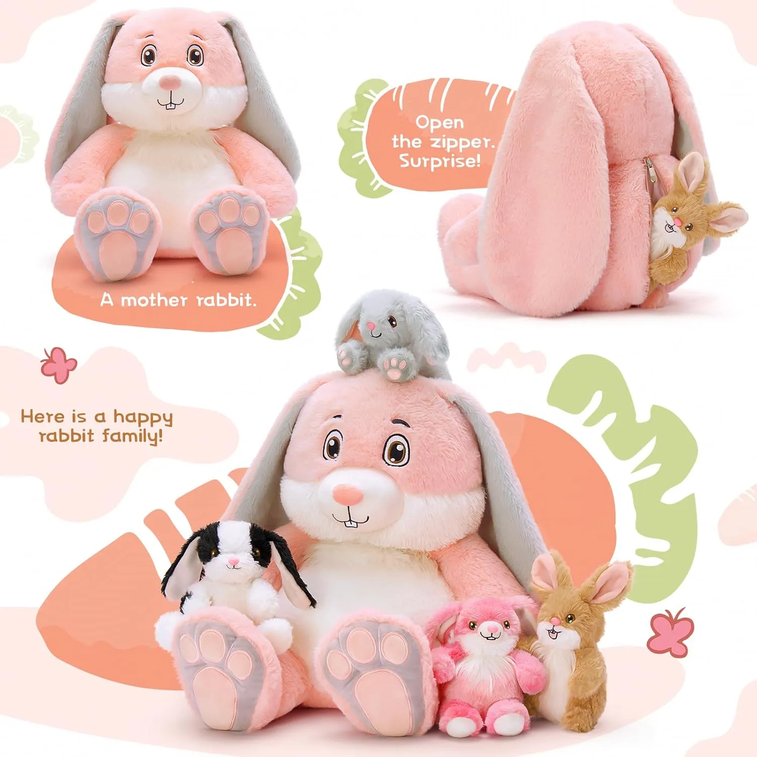5Pcs Bunny Stuffed Animal, 18 Inches Mother Rabbit Plush with 4 Baby Bunny Stuffed Toys in Zippered Back, Easter Christmas Baby Shower Birthdy Gift for Boys Girls Kids, Party Decor