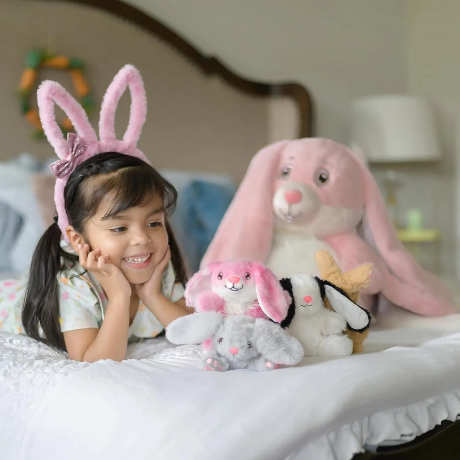 5Pcs Bunny Stuffed Animal, 18 Inches Mother Rabbit Plush with 4 Baby Bunny Stuffed Toys in Zippered Back, Easter Christmas Baby Shower Birthdy Gift for Boys Girls Kids, Party Decor