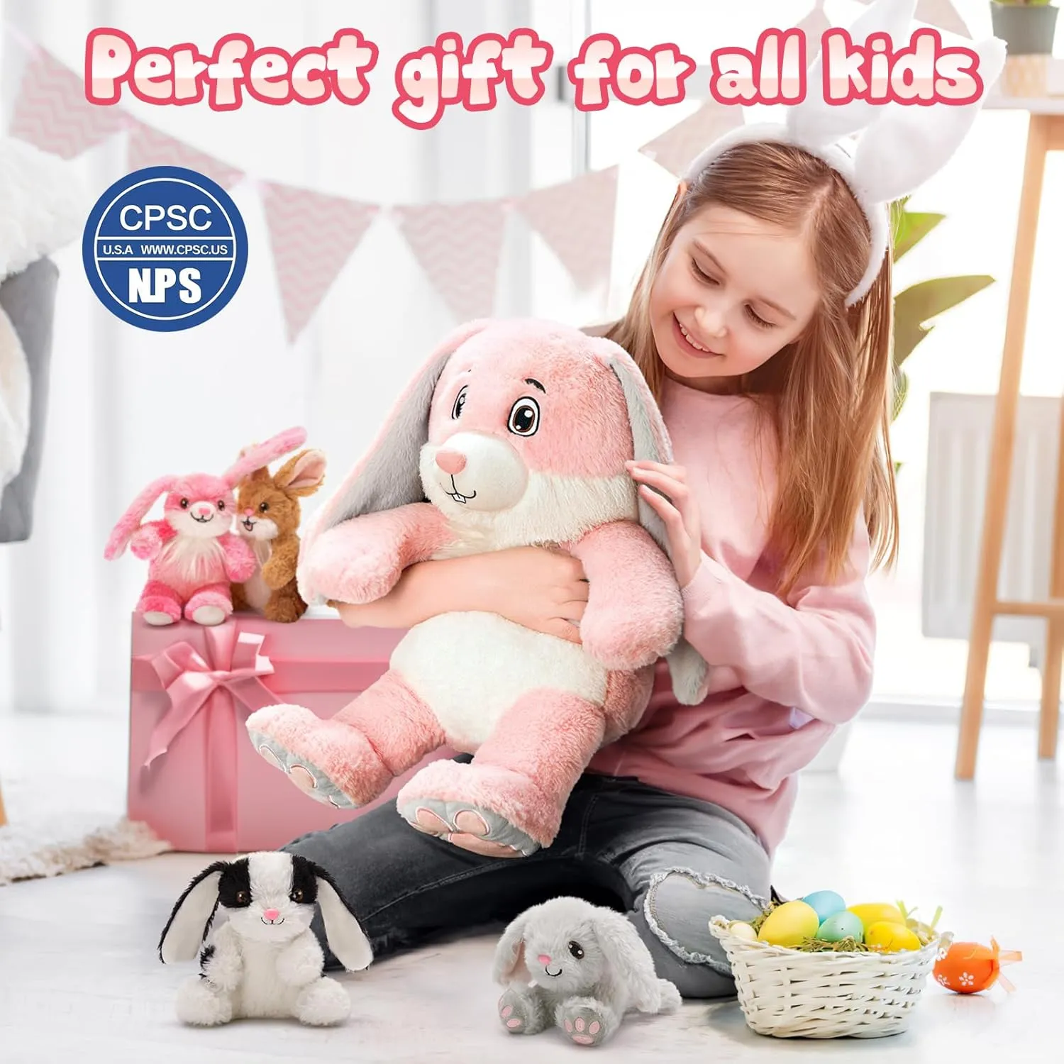 5Pcs Bunny Stuffed Animal, 18 Inches Mother Rabbit Plush with 4 Baby Bunny Stuffed Toys in Zippered Back, Easter Christmas Baby Shower Birthdy Gift for Boys Girls Kids, Party Decor
