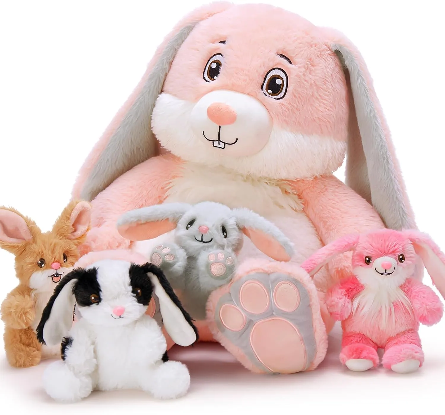 5Pcs Bunny Stuffed Animal, 18 Inches Mother Rabbit Plush with 4 Baby Bunny Stuffed Toys in Zippered Back, Easter Christmas Baby Shower Birthdy Gift for Boys Girls Kids, Party Decor