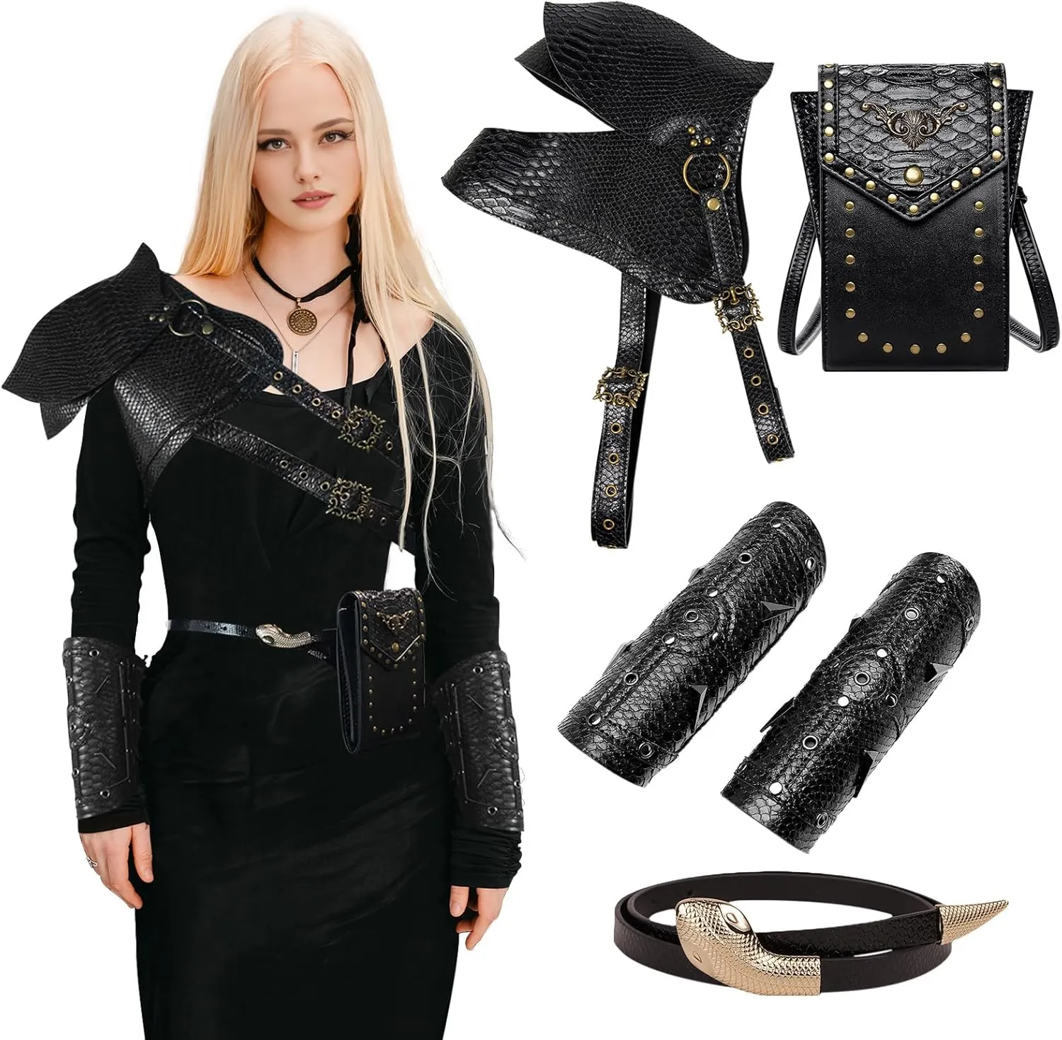5Pcs Gothic Women's Medieval Costume Set,Steampunk Viking Accessories with Adjustable Shoulder Armor,Bracers, Belt Bag