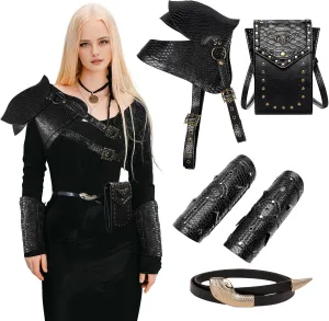 5Pcs Gothic Women's Medieval Costume Set,Steampunk Viking Accessories with Adjustable Shoulder Armor,Bracers, Belt Bag