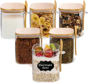6 Pack Glass Jars with Bamboo Lids and Spoons, 32 OZ Square Glass Jars for Overnight Oats, Airtight Clear Food Storage Containers for Loose Leaf Tea, Coffee Beans, Spices, Housewarming Gifts New Home