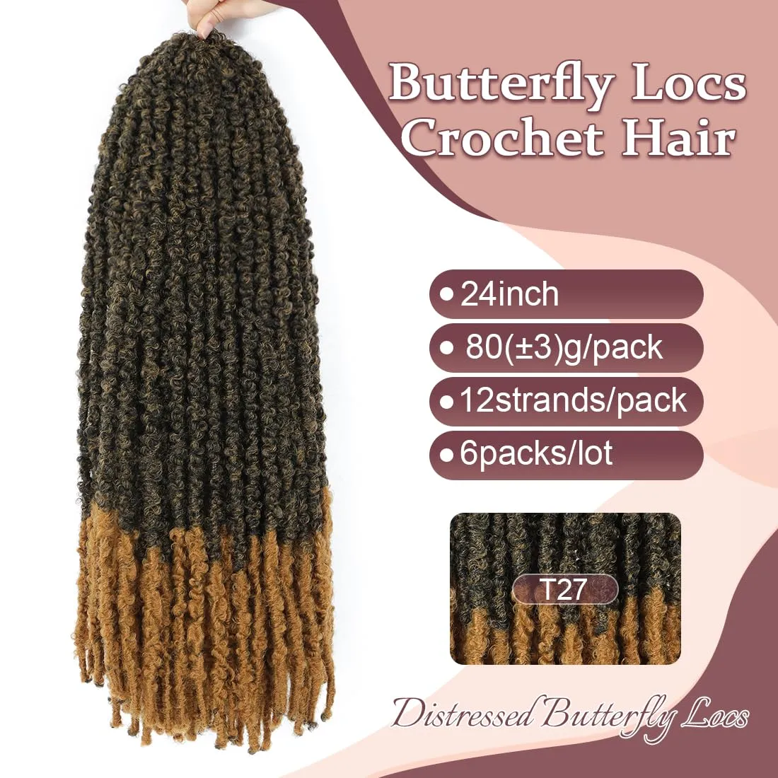 6 Packs Butterfly Locs Crochet Hair 24 inch Distressed Long Butterfly Crochet Hair Locs Handmade Pre-looped Soft Locs For Black Women(24inch,T27)
