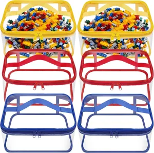 6 Packs Clear Toy Storage Bags- 9.4 x 6.7 x 4.3 Inch Transparent PVC Toy Organizing Bags with Zipper- Waterproof Toy Storage Organizer Pouch for Building Blocks, Small Toys (Red, Blue, Yellow)