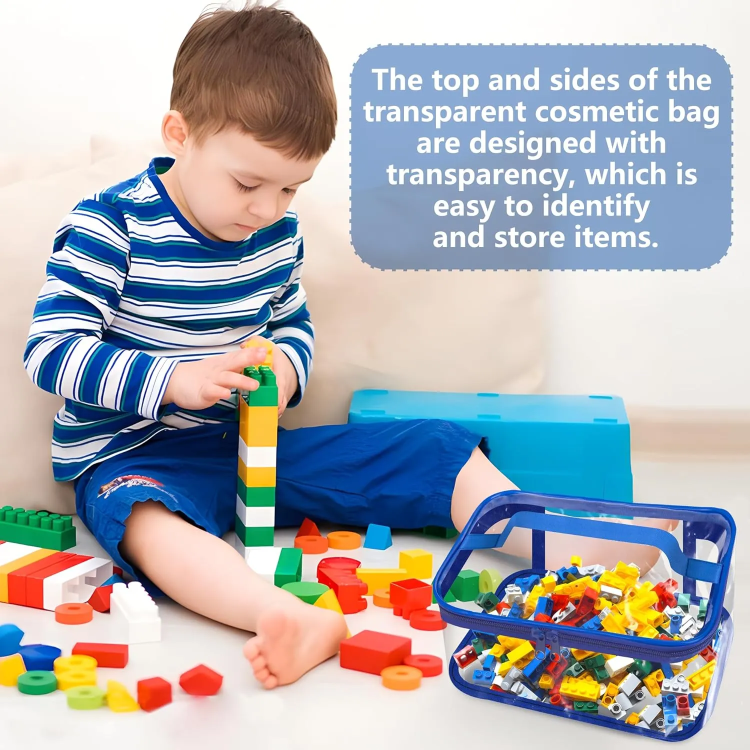 6 Packs Clear Toy Storage Bags- 9.4 x 6.7 x 4.3 Inch Transparent PVC Toy Organizing Bags with Zipper- Waterproof Toy Storage Organizer Pouch for Building Blocks, Small Toys (Red, Blue, Yellow)