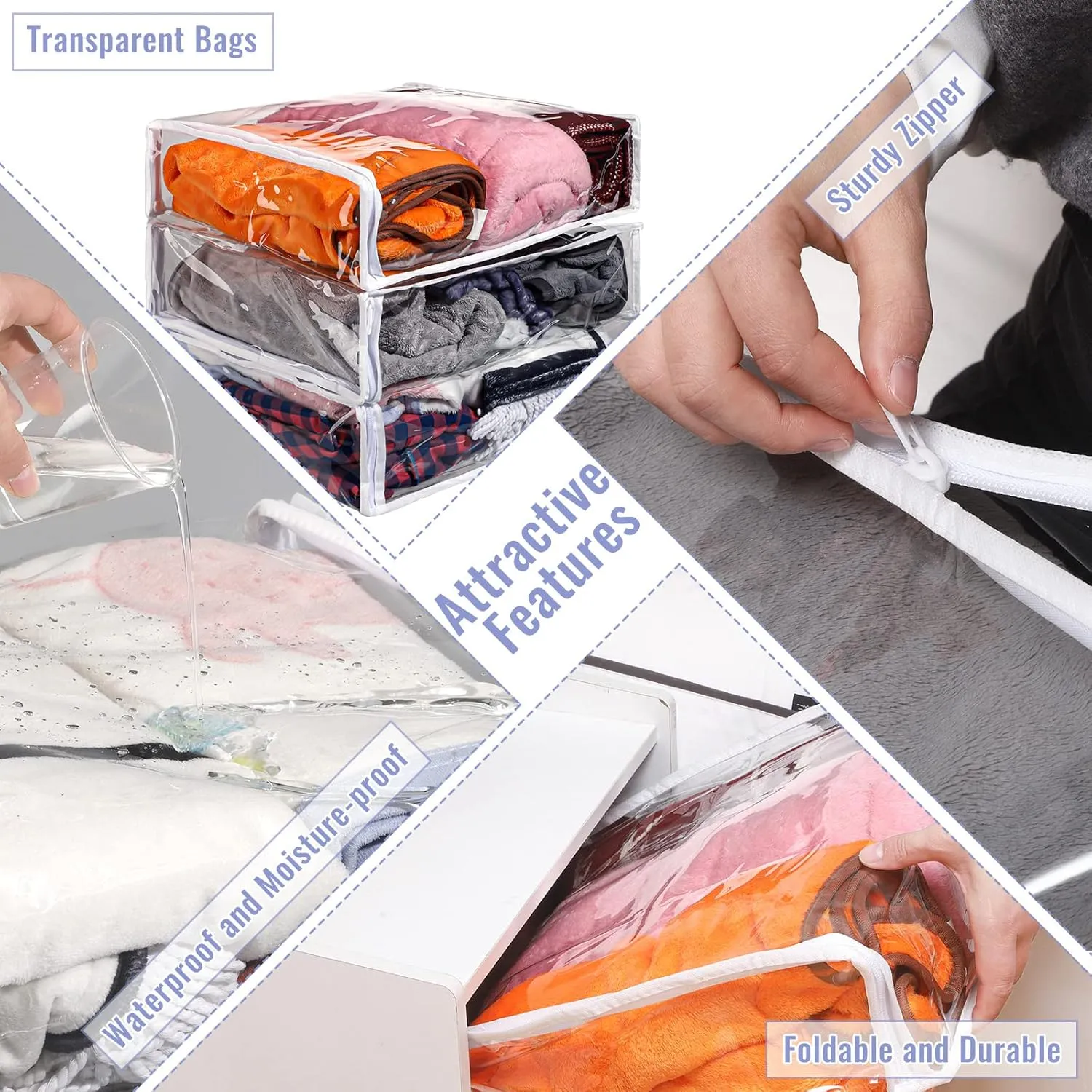 6 Packs Clear Zippered Storage Bags Sweater Bags Plastic Storage for Blankets Clothes Bed Sheet Organizer with Zipper for Closet Linen Sweater Bed Sheet Clothes Pillow(16 x 14 x 4 Inch)