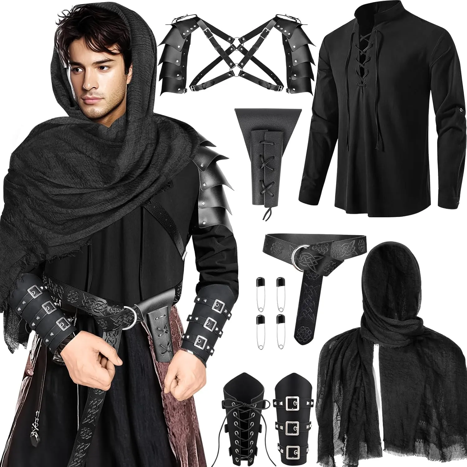 7 Pcs Men's Renaissance Costume Set Medieval Pirate Shirt Viking Shawl Belt Shoulder Armor Sword Bag Cosplay