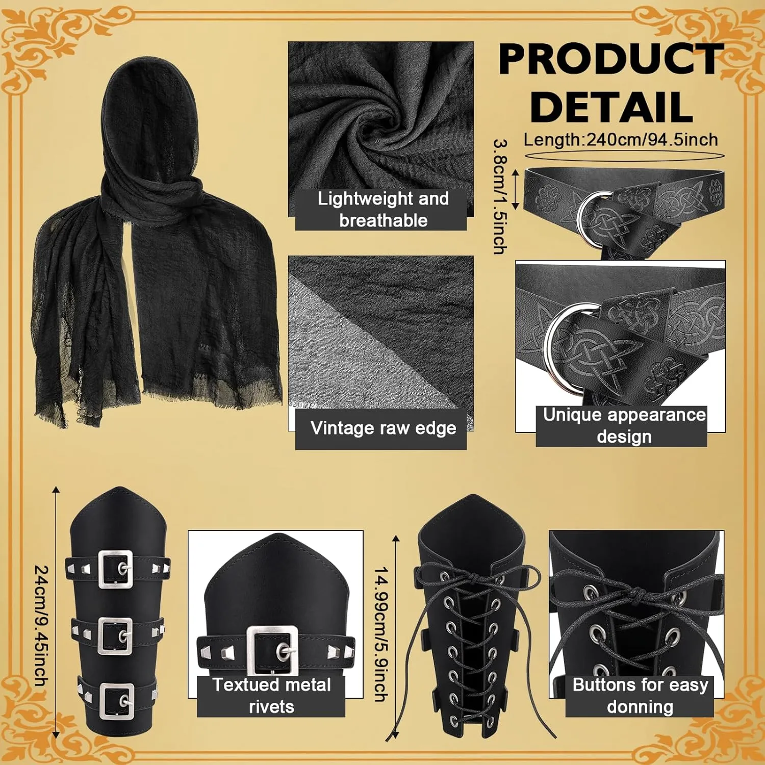 7 Pcs Men's Renaissance Costume Set Medieval Pirate Shirt Viking Shawl Belt Shoulder Armor Sword Bag Cosplay