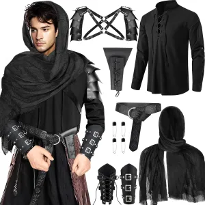 7 Pcs Men's Renaissance Costume Set Medieval Pirate Shirt Viking Shawl Belt Shoulder Armor Sword Bag Cosplay
