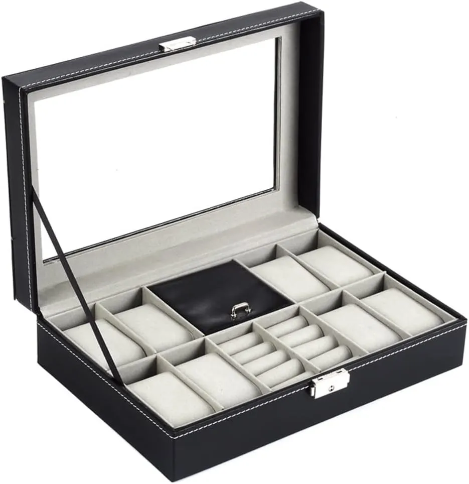 8-bit Watch 2-Space 1-Space Flannel Cover Window Transparent Glass Word Lock with Key Jewelry Box (D 300 * 200 * 80MM)
