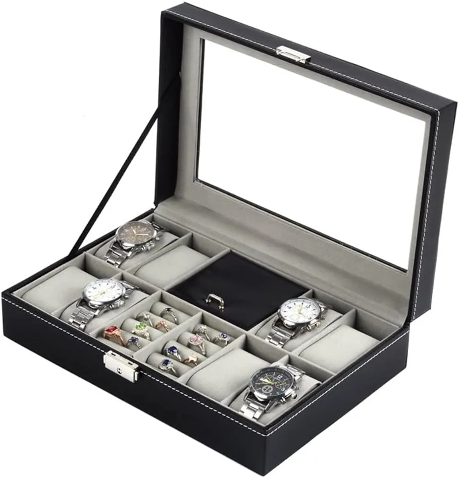 8-bit Watch 2-Space 1-Space Flannel Cover Window Transparent Glass Word Lock with Key Jewelry Box (D 300 * 200 * 80MM)