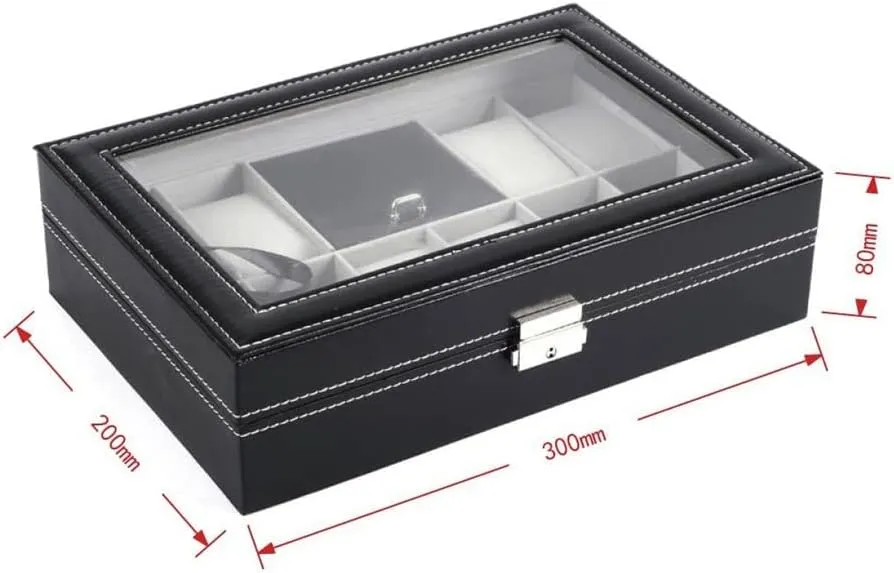 8-bit Watch 2-Space 1-Space Flannel Cover Window Transparent Glass Word Lock with Key Jewelry Box (D 300 * 200 * 80MM)
