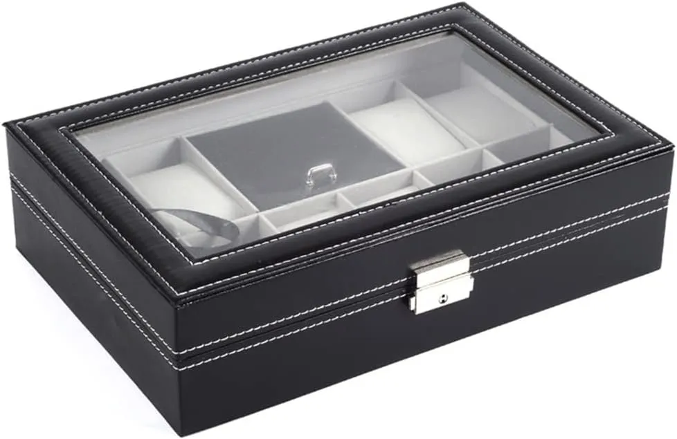 8-bit Watch 2-Space 1-Space Flannel Cover Window Transparent Glass Word Lock with Key Jewelry Box (D 300 * 200 * 80MM)