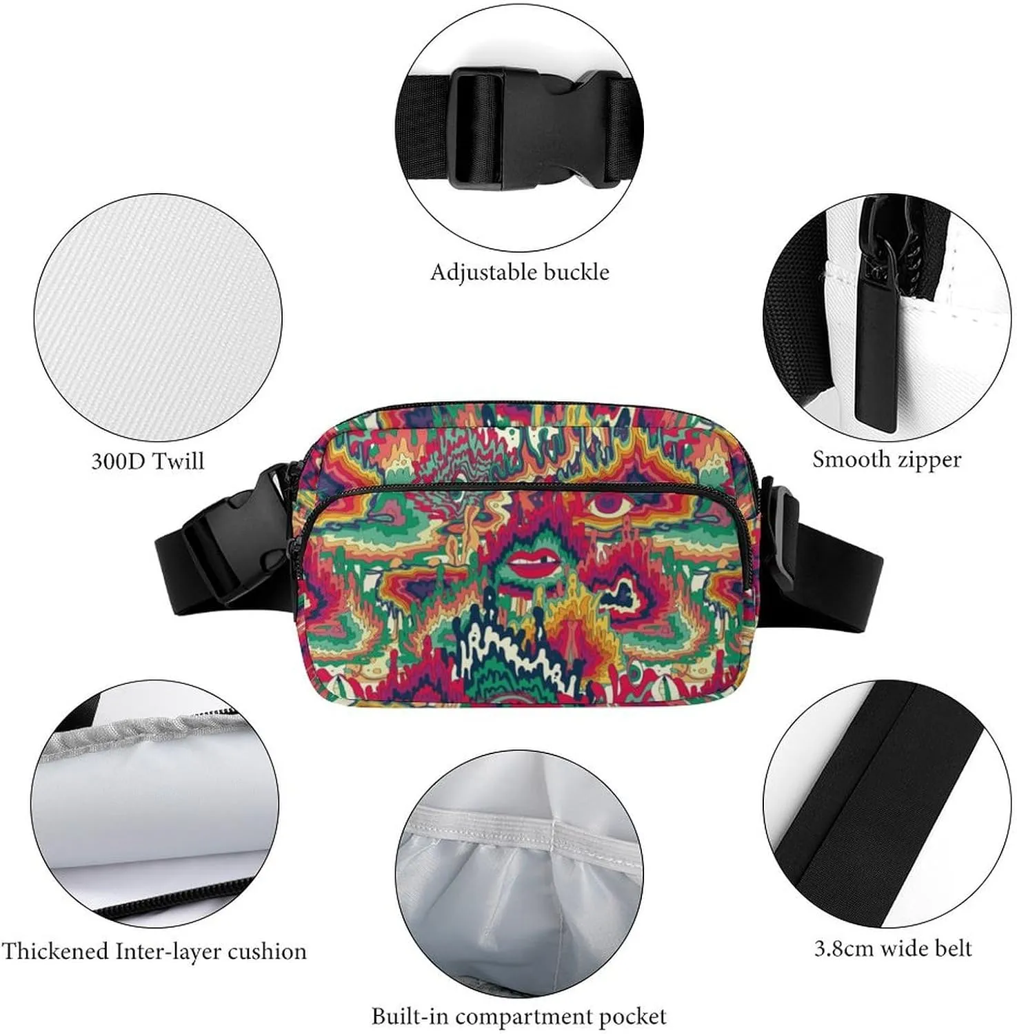 Abstract Colorful Psychedelic Pattern Unisex Fashion Fanny Pack Crossbody Bag Suitable for Traveling, Hiking, Daily Life, 20x13cm, style-35-3