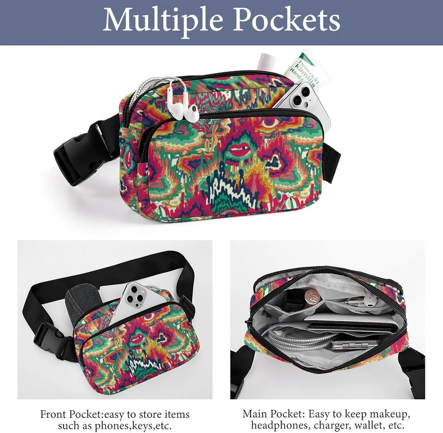 Abstract Colorful Psychedelic Pattern Unisex Fashion Fanny Pack Crossbody Bag Suitable for Traveling, Hiking, Daily Life, 20x13cm, style-35-3