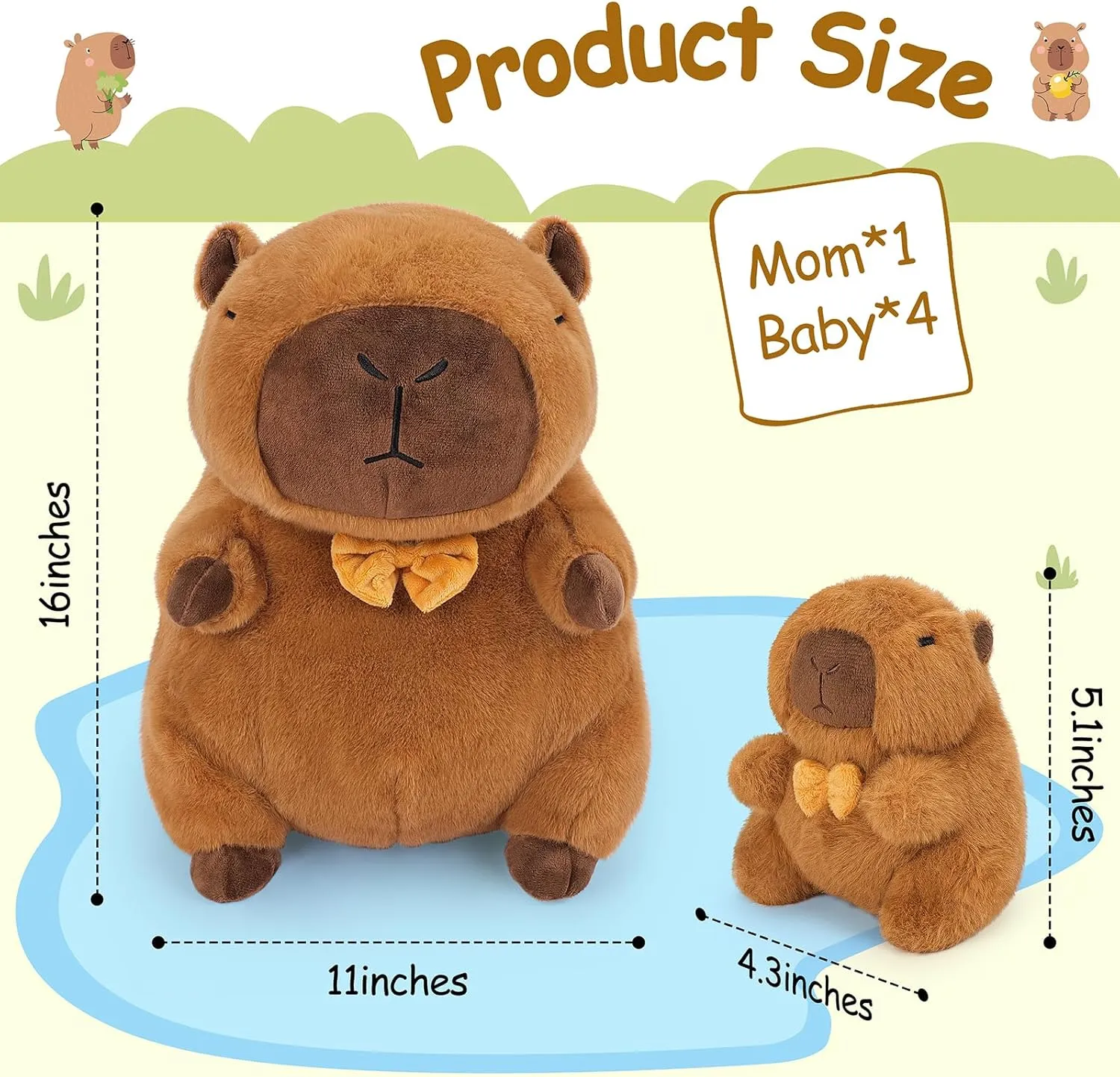 Achwishap 5PCS Capybara Plush,Capybara Stuffed Animal Mommy with 4 Capybara Babies Plush Toy,Cute Plushie Capybara Hugging Pillow Cuddle Plushie for Kids Girls Boys Gifts(Capybara Family,16”,Brown)