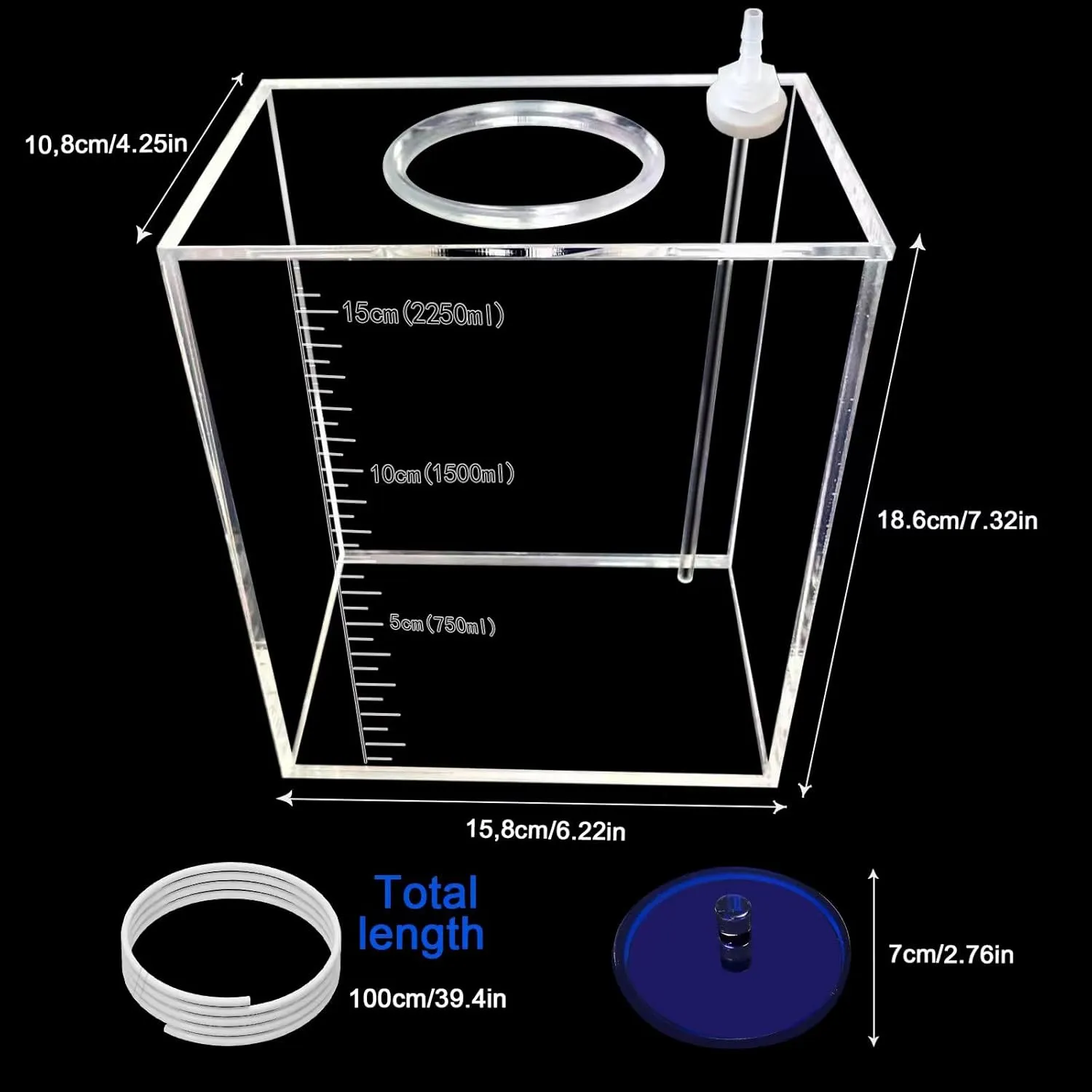 Acryli Made dosing Container, Liquid srorage Bucket, Aquarium Air Pump Accessories，dosing Pump Liquid containers,Reservoir (2.5L/0.66gal Blue lid)