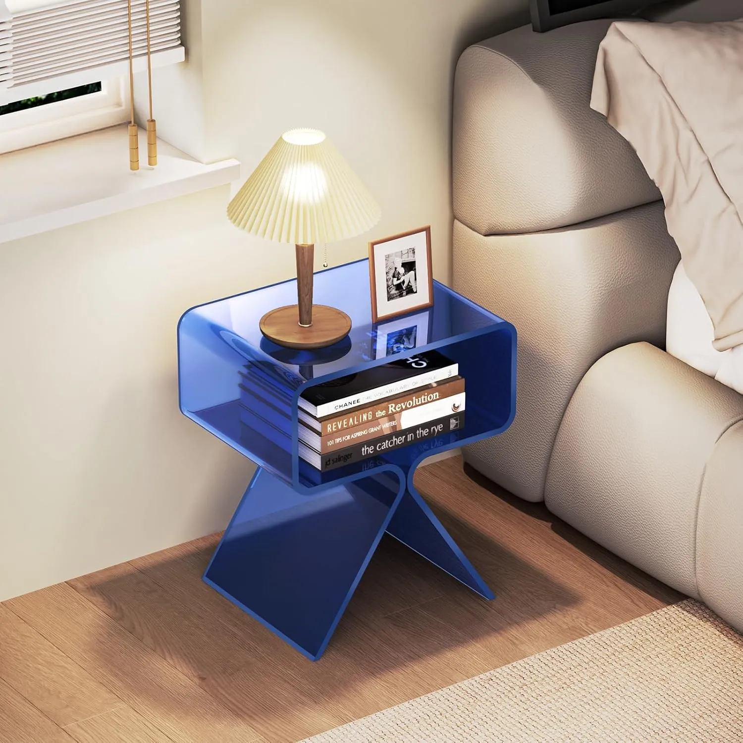 Acrylic Nightstand Side Table Modern Design Clear Home Decor Display End Table for Living Room (Dark Blue)