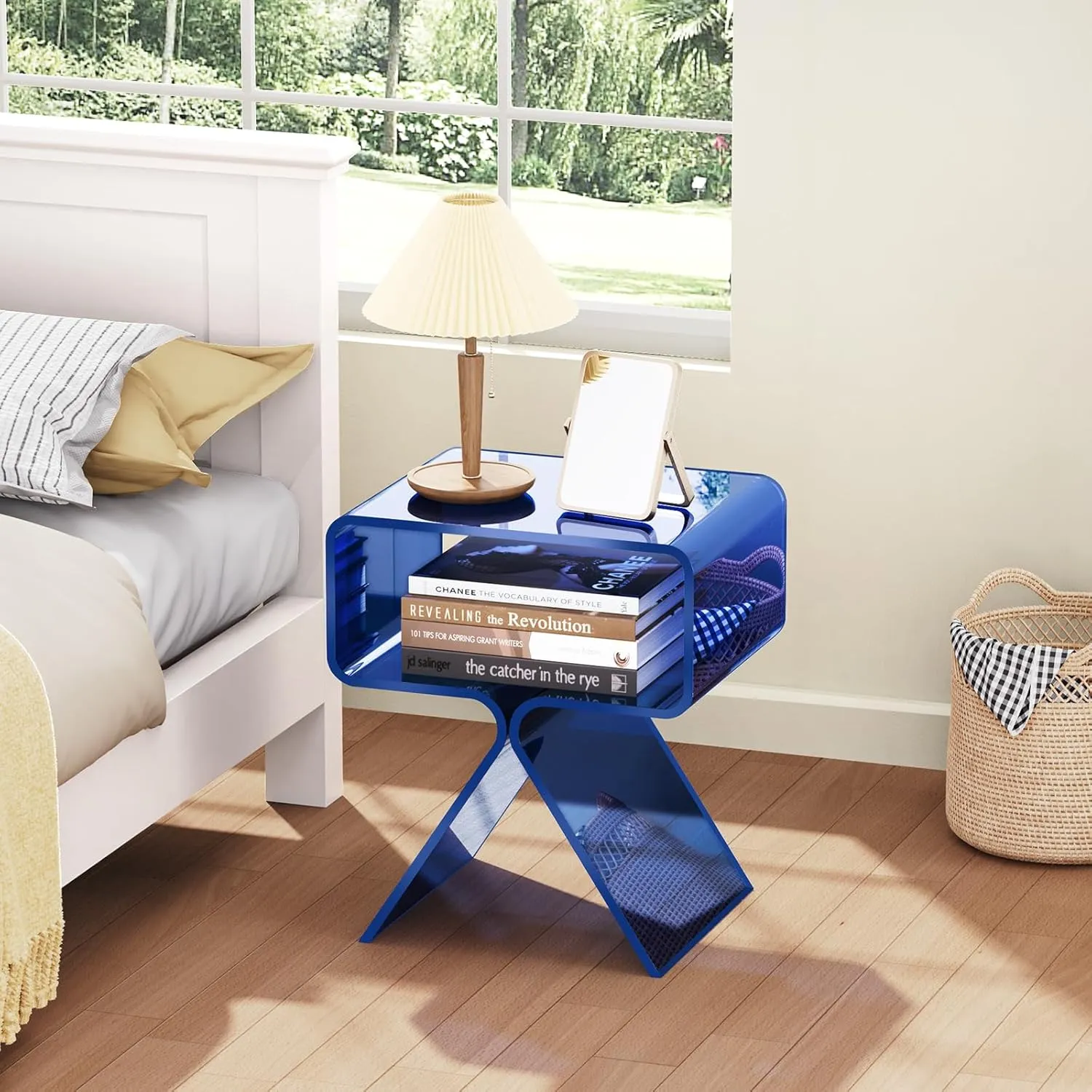 Acrylic Nightstand Side Table Modern Design Clear Home Decor Display End Table for Living Room (Dark Blue)