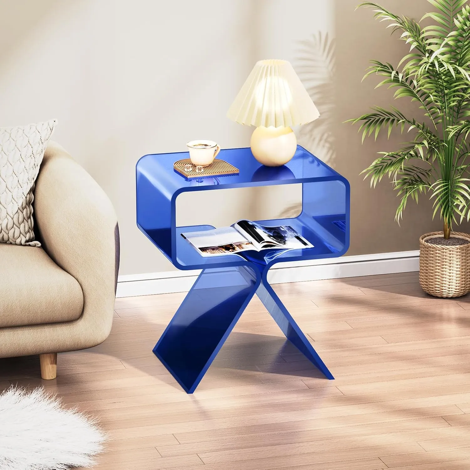Acrylic Nightstand Side Table Modern Design Clear Home Decor Display End Table for Living Room (Dark Blue)