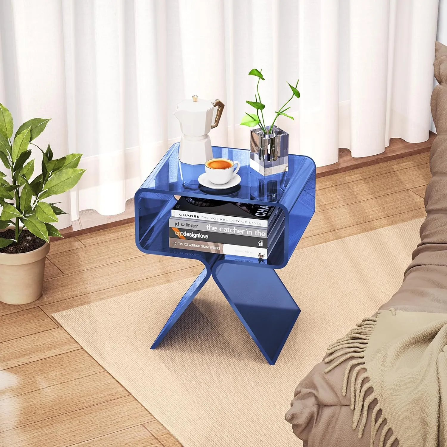 Acrylic Nightstand Side Table Modern Design Clear Home Decor Display End Table for Living Room (Dark Blue)