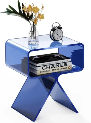 Acrylic Nightstand Side Table Modern Design Clear Home Decor Display End Table for Living Room (Dark Blue)