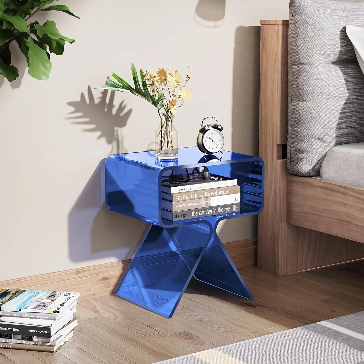 Acrylic Nightstand Side Table Modern Design Clear Home Decor Display End Table for Living Room (Dark Blue)