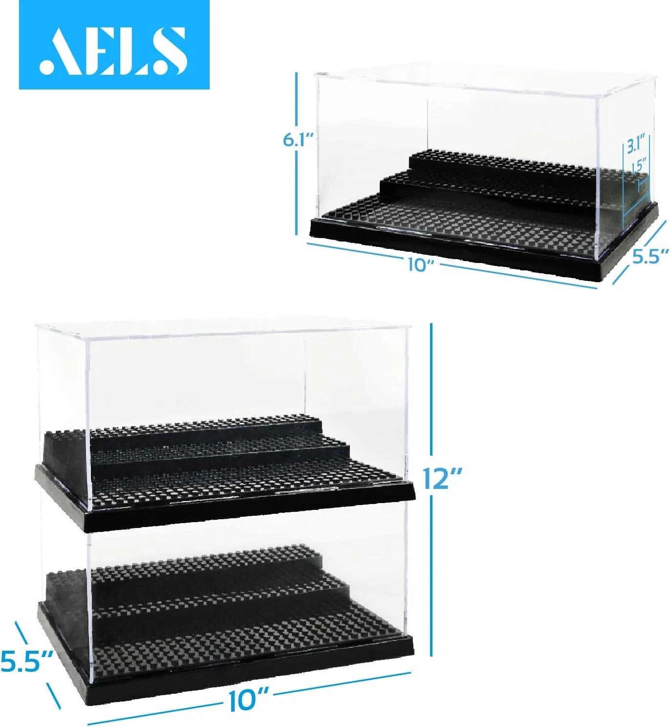 AELS 3-Level Acrylic Display Case, Set of 2, Dustproof Showcase for Collection Bricks Blocks Toys Models Minifigures Building, Clear, Removable