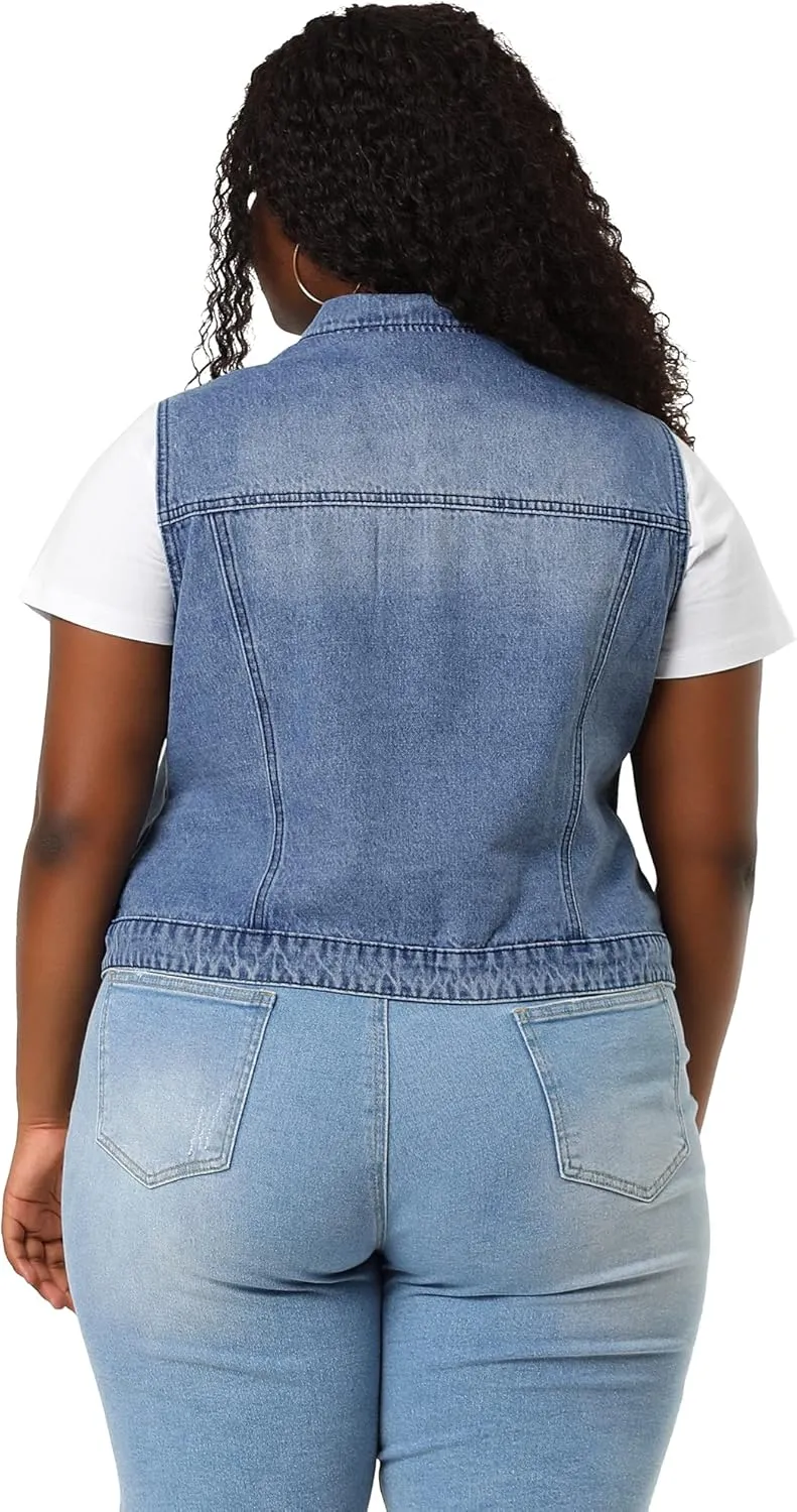 Agnes Orinda Plus Size Denim Vest for Women Sleeveless Zip Up Button Down Waistcoat Jeans Jackets Vests