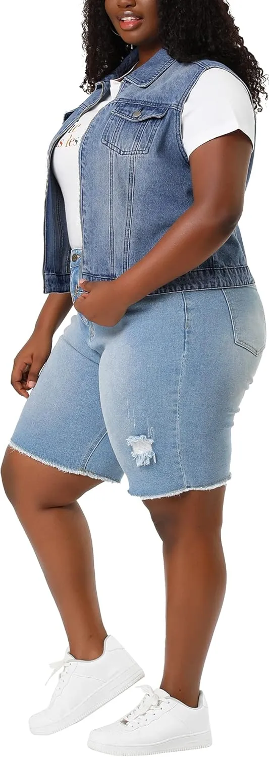Agnes Orinda Plus Size Denim Vest for Women Sleeveless Zip Up Button Down Waistcoat Jeans Jackets Vests