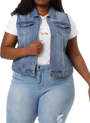 Agnes Orinda Plus Size Denim Vest for Women Sleeveless Zip Up Button Down Waistcoat Jeans Jackets Vests